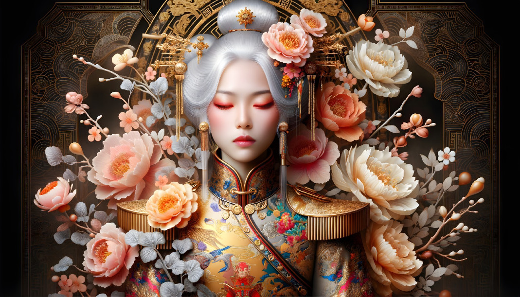 Elegant figure in traditional attire with flowers