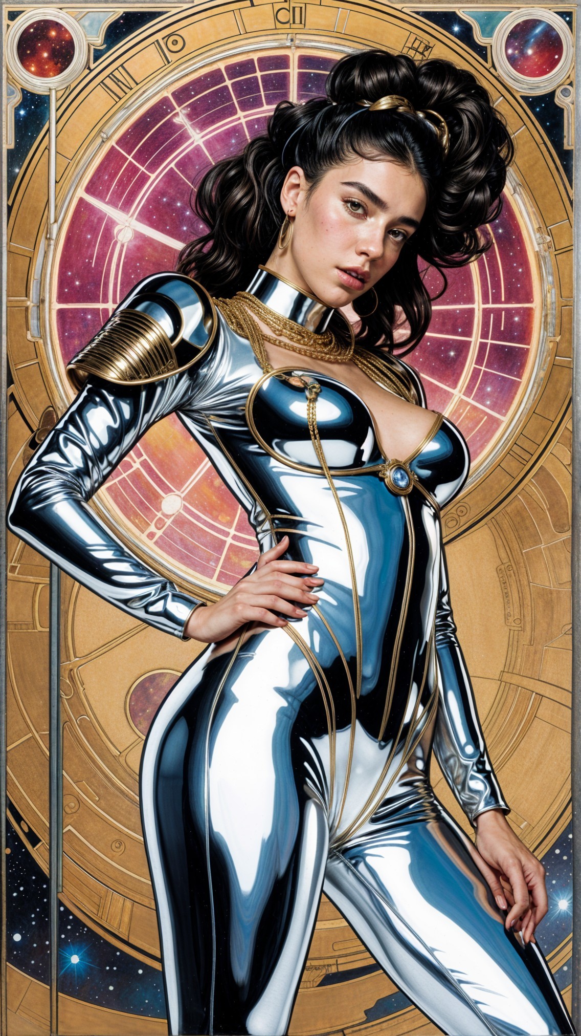 Futuristic figure in silver bodysuit with cosmic backdrop