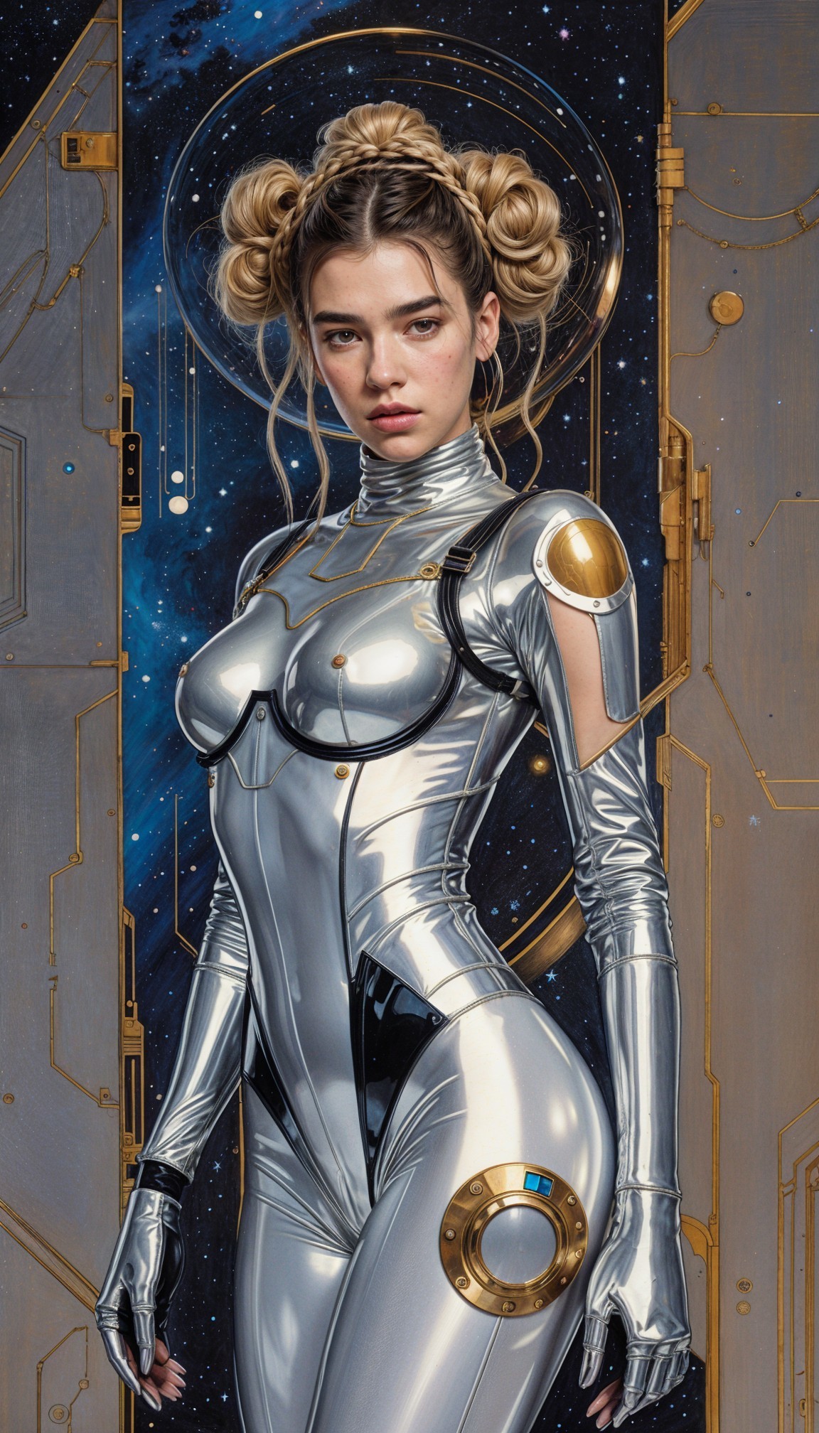 Futuristic Woman in Silver Bodysuit with Cosmic Backdrop