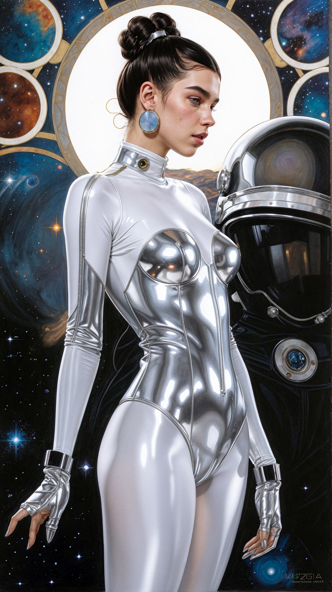 Futuristic Woman in Silver Bodysuit Against Cosmic Scene