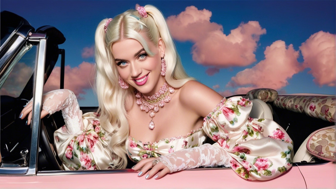 Glamorous Woman in Vintage Convertible with Pink Clouds