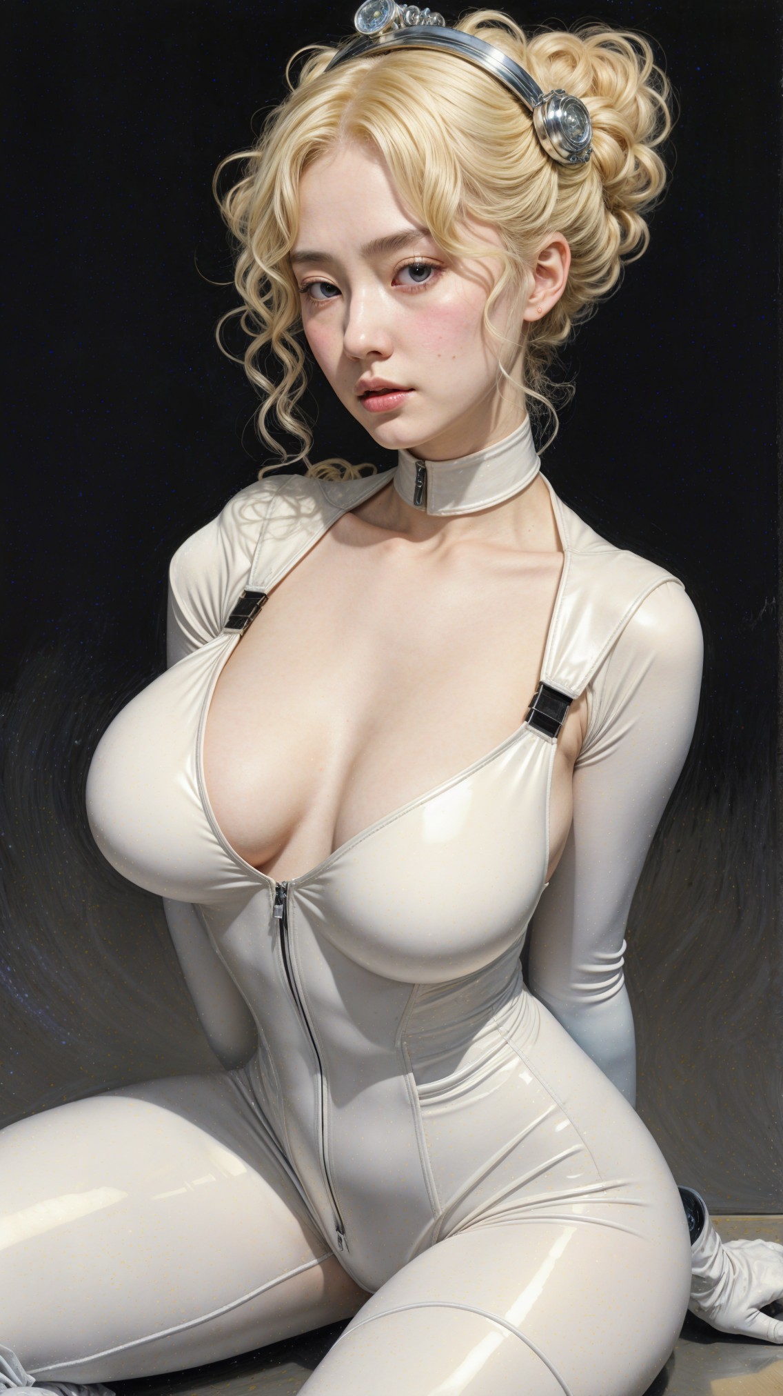 Young woman in glossy beige outfit with soft curls