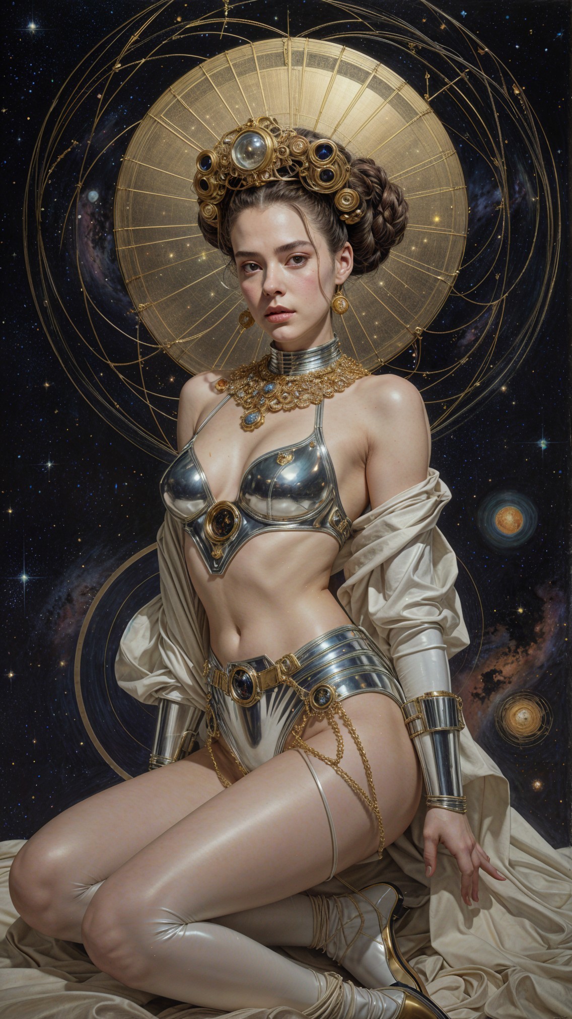 Futuristic Silver Outfit with Cosmic Background