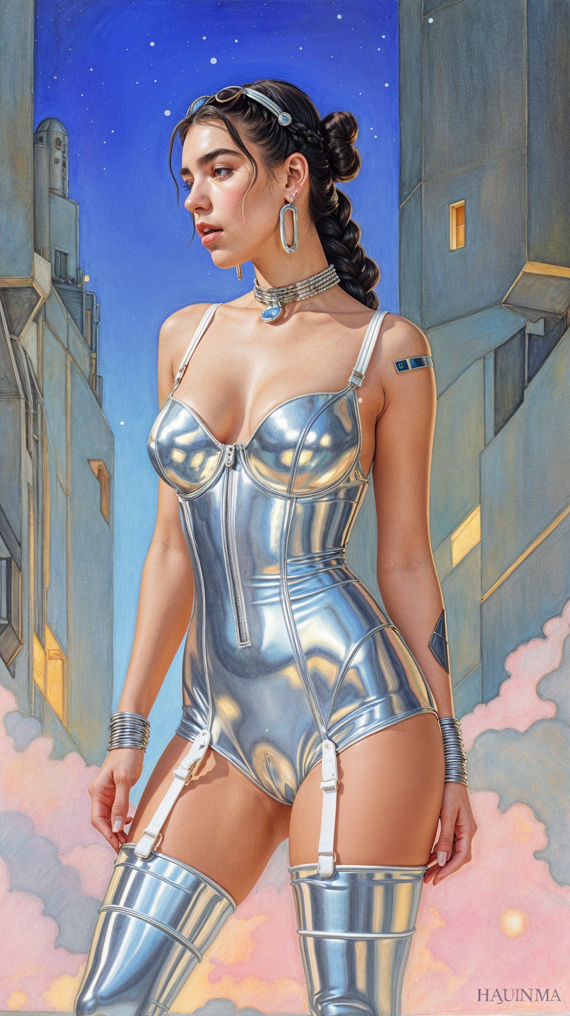 Futuristic Female Figure in Metallic Bodysuit Against Cityscape