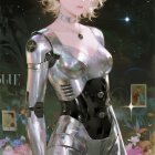 Futuristic figure with metallic attire against skyline