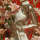 Futuristic figure in metallic outfit among white lilies