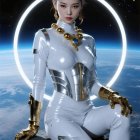 Futuristic astronaut in sleek suit against Earth backdrop
