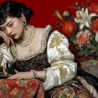 Young Woman in Luxurious Gown on Ornate Couch