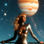 Metallic Silver Bodysuit Against Cosmic Jupiter Background
