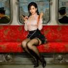 Stylish Woman in Modern Fashion on Red Leather Couch