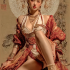 Elegant Woman in Red and Gold Gown with Crown