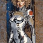 Futuristic Woman in Silver Bodysuit with Cosmic Backdrop