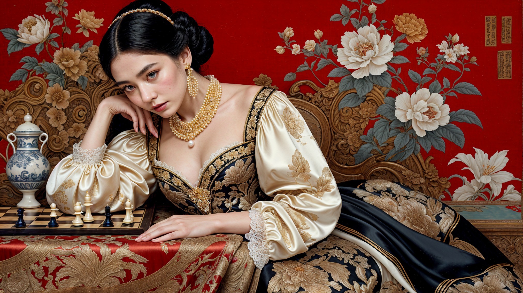 Young Woman in Luxurious Gown on Ornate Couch