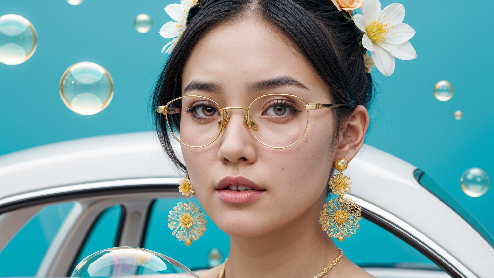 Young woman in glasses with floral accessories and bubbles