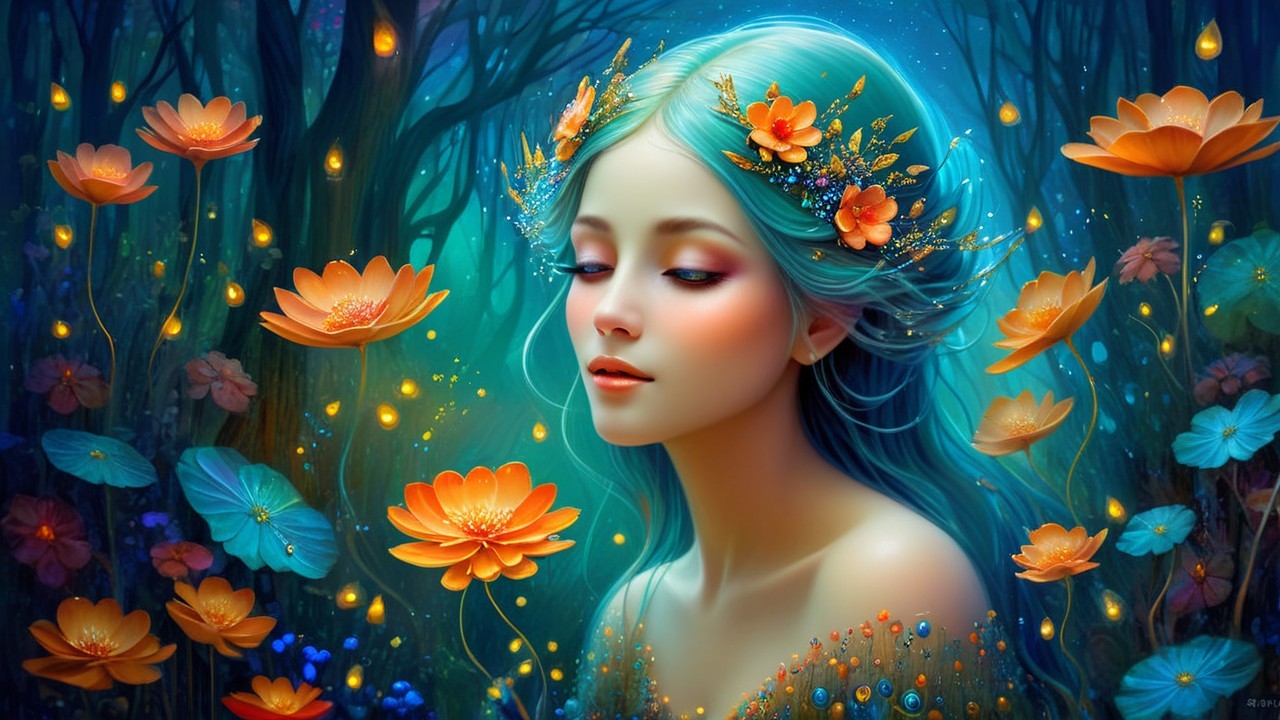Serene Woman in Mystical Forest with Blue Hair