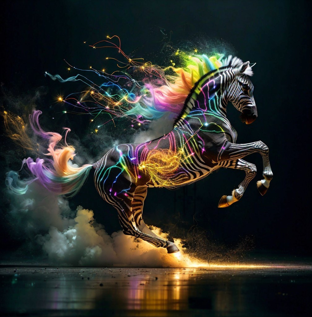 Majestic zebra illuminated by vibrant, colorful lights