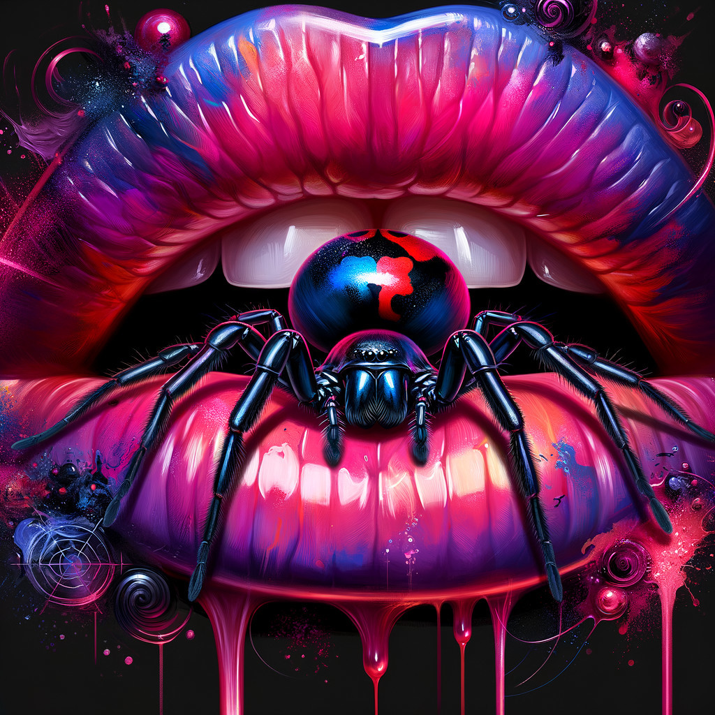 Close-up of Glossy Pink and Purple Lips with Spider
