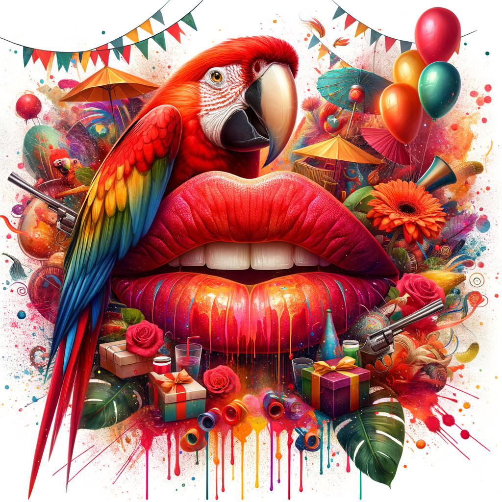 Colorful Collage of Parrot and Red Lips with Festive Elements