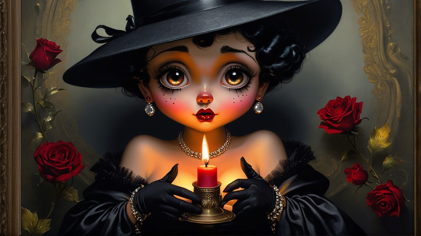 Whimsical Figure with Candle and Red Roses
