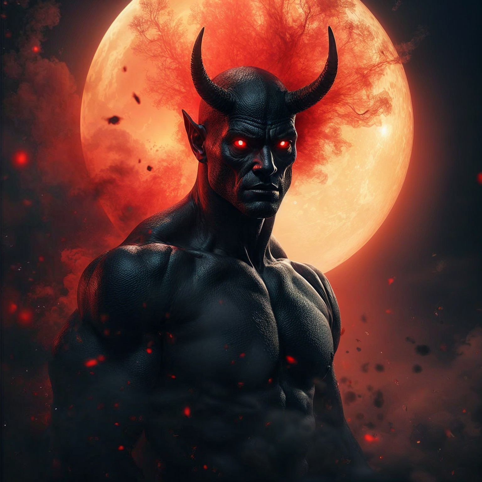 Muscular Figure with Horns Against Red Moon Background