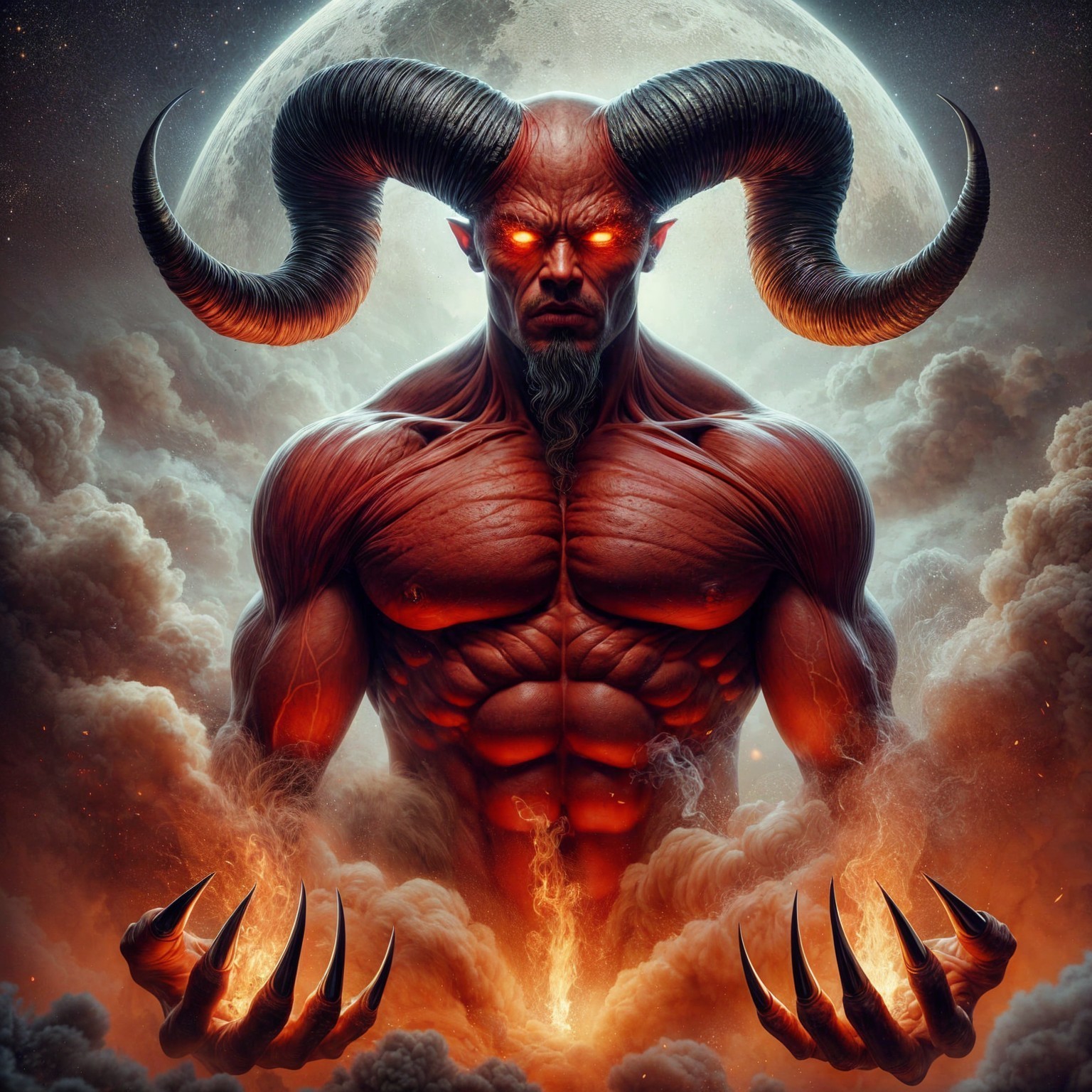 Muscular Red Figure with Ram Horns and Flames