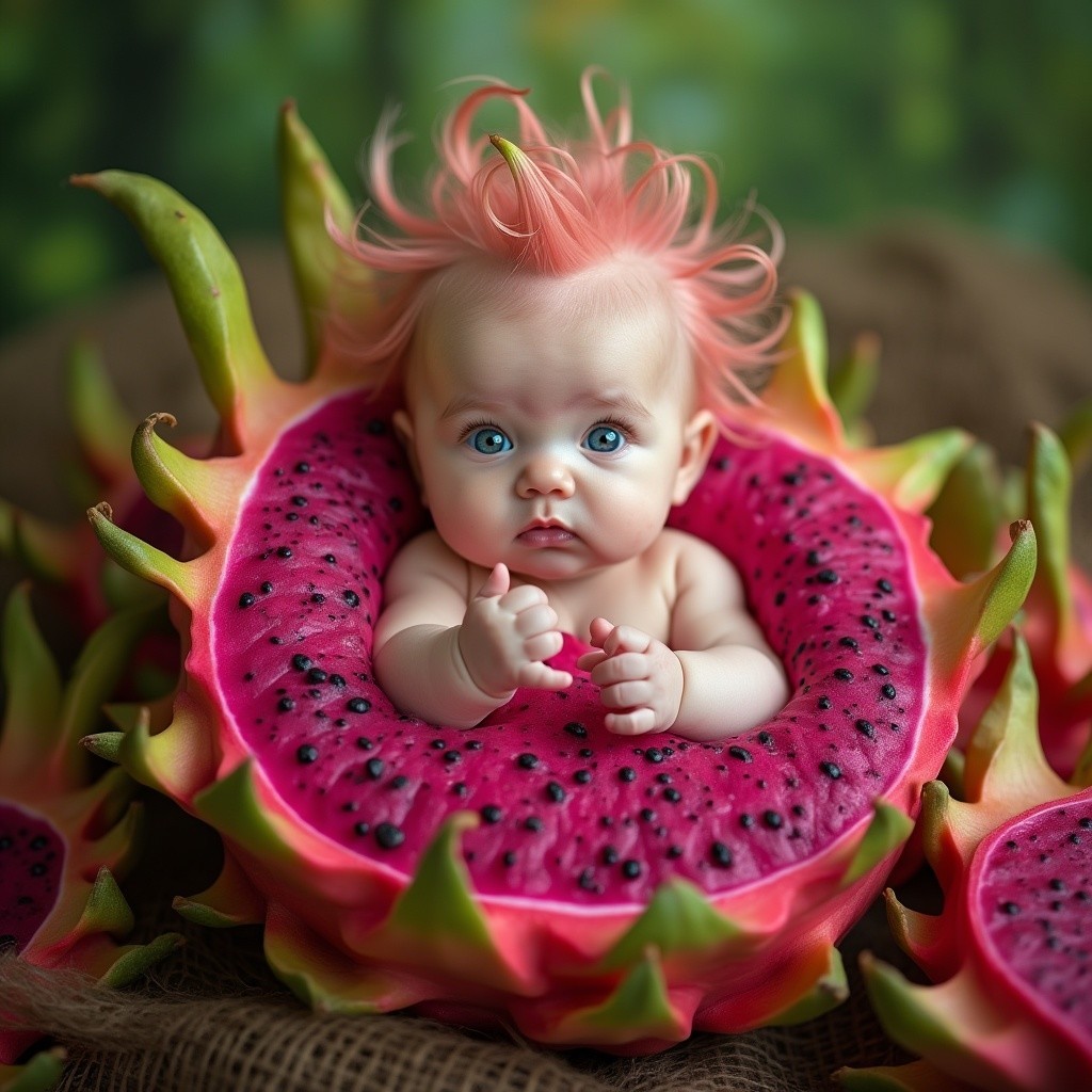 Baby in Dragon Fruit Surrounded by Tropical Scene