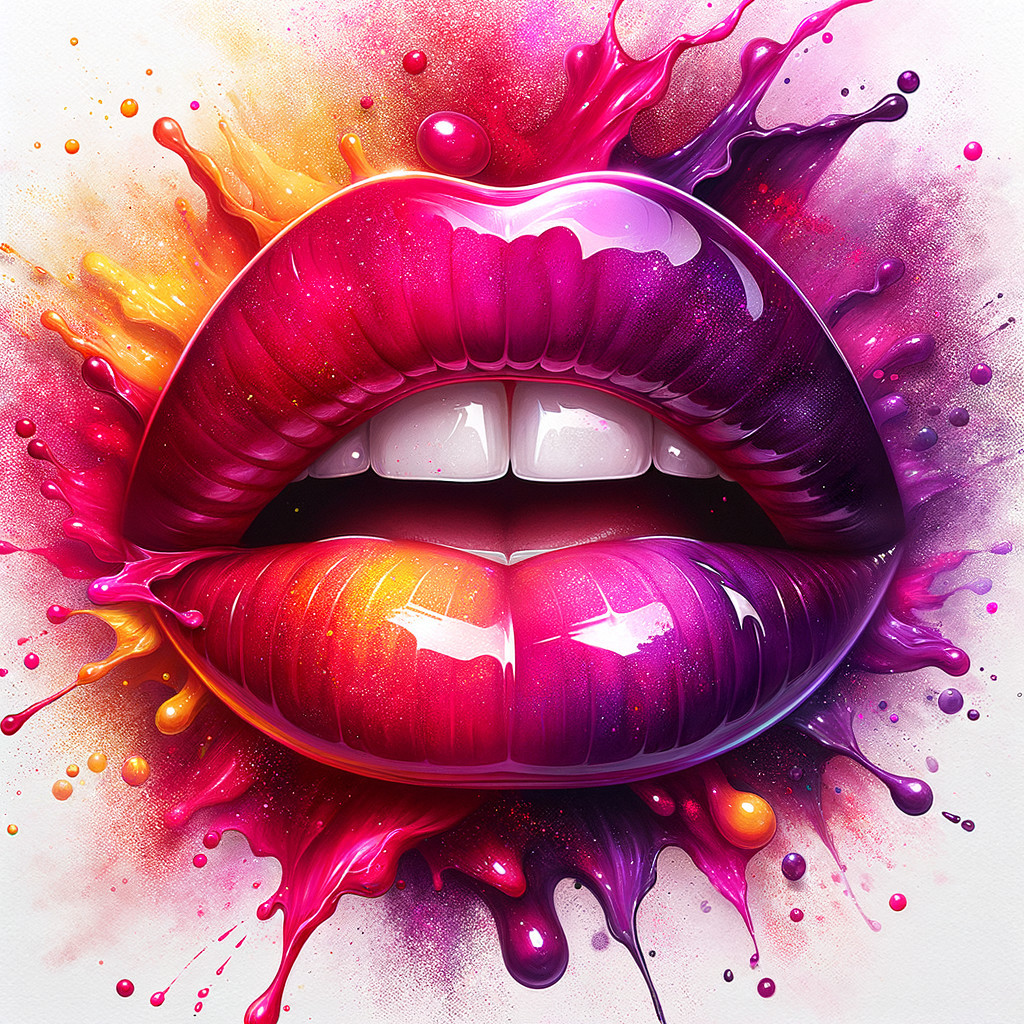 Surreal Close-Up of Colorful Glossy Lips with Teeth