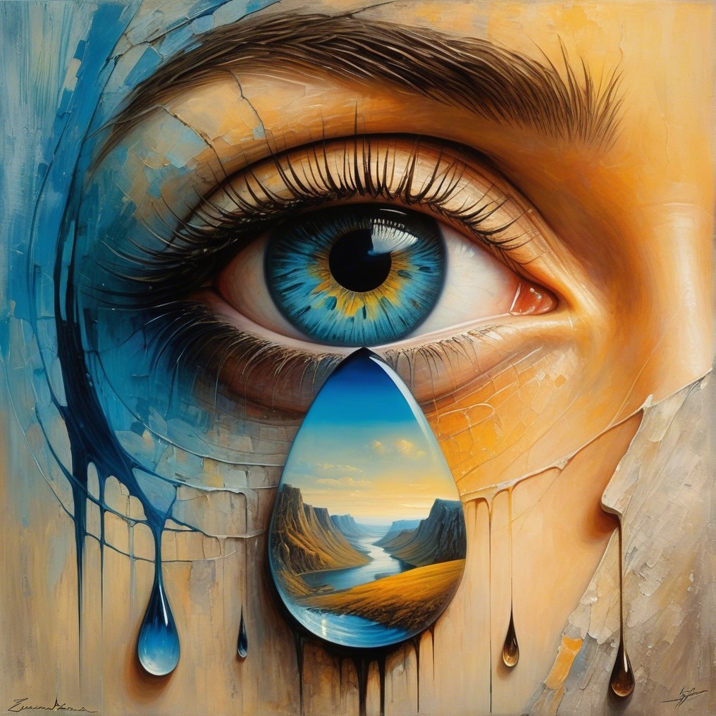 Hyper-realistic eye with blue iris and teardrop landscape