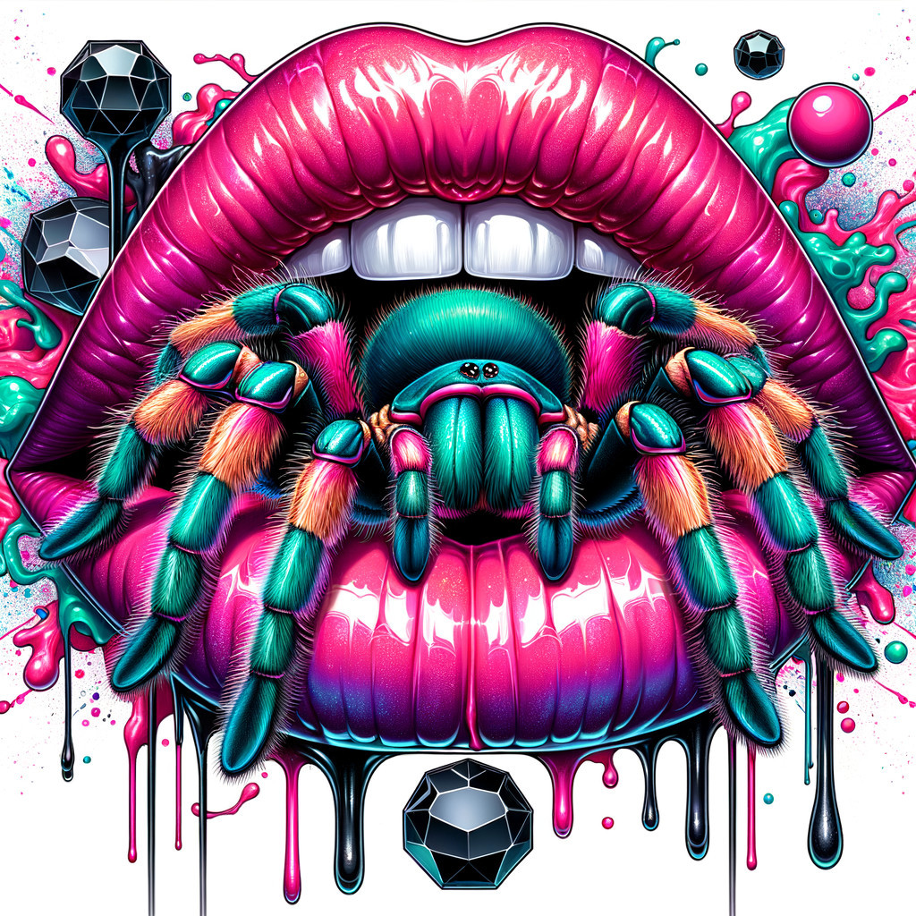 Teal Tarantula on Glossy Hot Pink Lips with Jewels