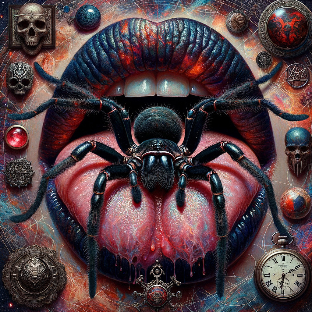 Surreal Composition of Lips with Spider and Ornaments