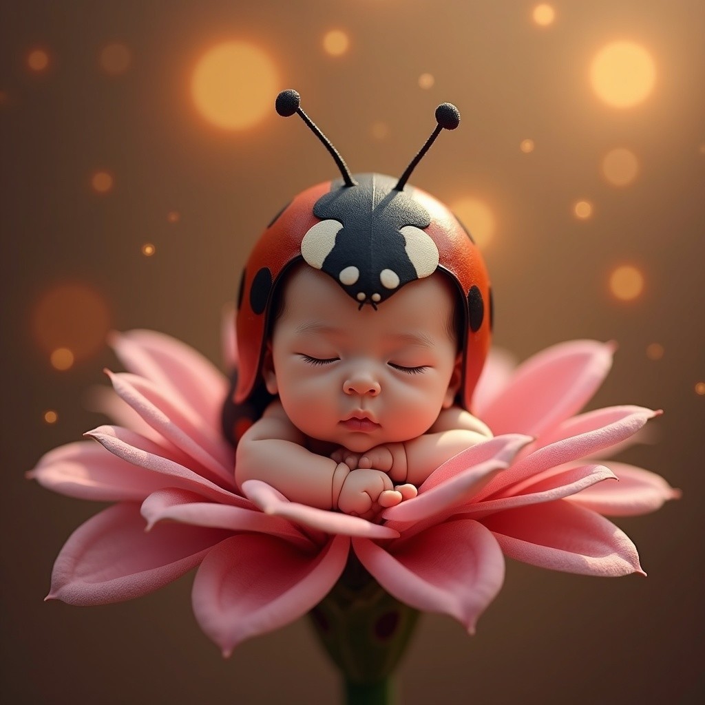 Sleeping Baby Nestled in Pink Flower with Ladybug Hat