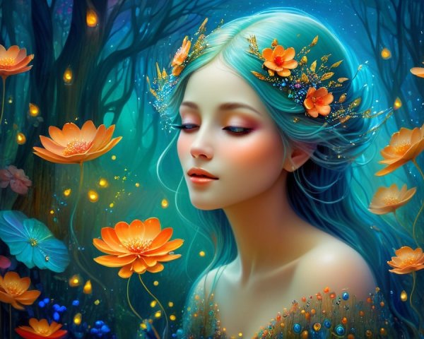 Serene Woman in Mystical Forest with Blue Hair