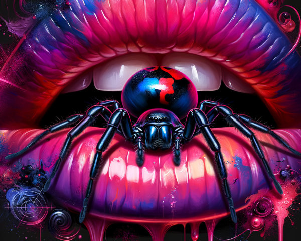 Close-up of Glossy Pink and Purple Lips with Spider