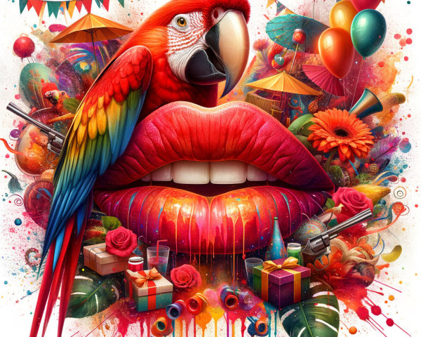 Colorful Collage of Parrot and Red Lips with Festive Elements
