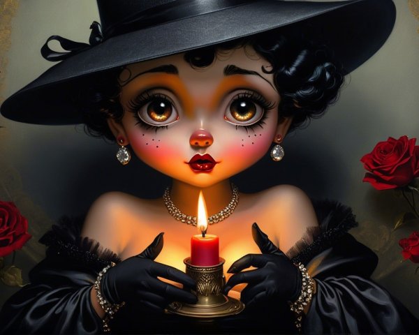 Whimsical Figure with Candle and Red Roses