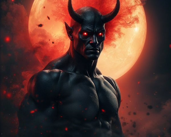 Muscular Figure with Horns Against Red Moon Background