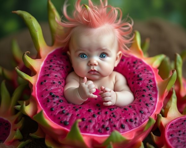 Baby in Dragon Fruit Surrounded by Tropical Scene