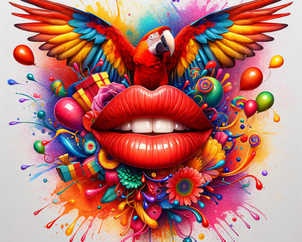 Vibrant Graphic Design Featuring Macaw and Red Lips