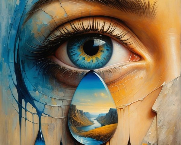 Hyper-realistic eye with blue iris and teardrop landscape