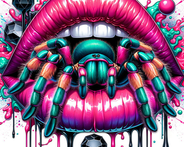 Teal Tarantula on Glossy Hot Pink Lips with Jewels