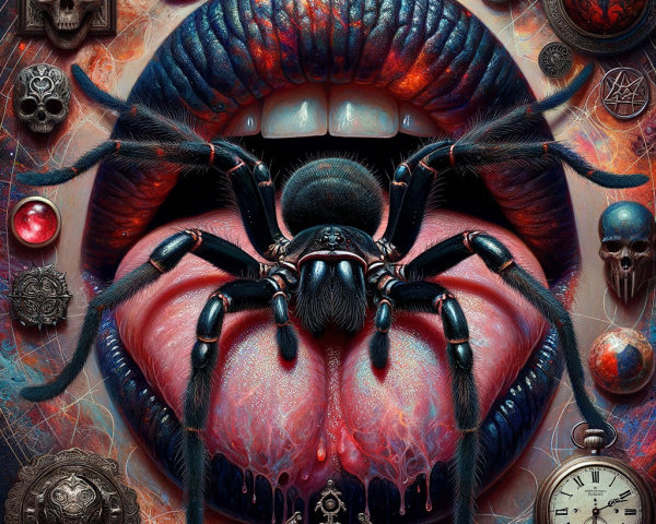 Surreal Composition of Lips with Spider and Ornaments