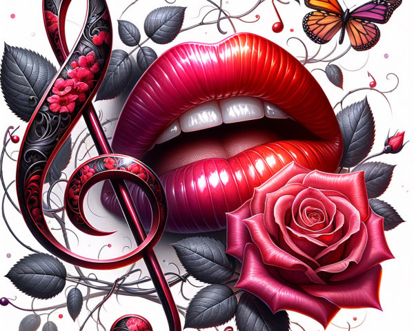 Vibrant Red Rose with Glossy Lip and Butterfly Design