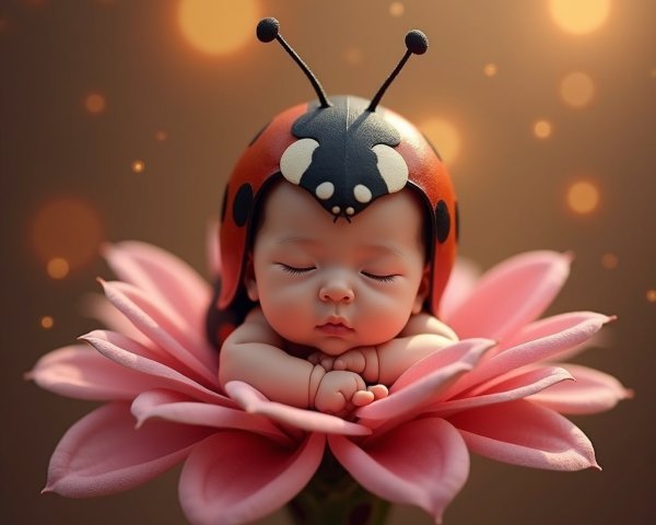 Sleeping Baby Nestled in Pink Flower with Ladybug Hat
