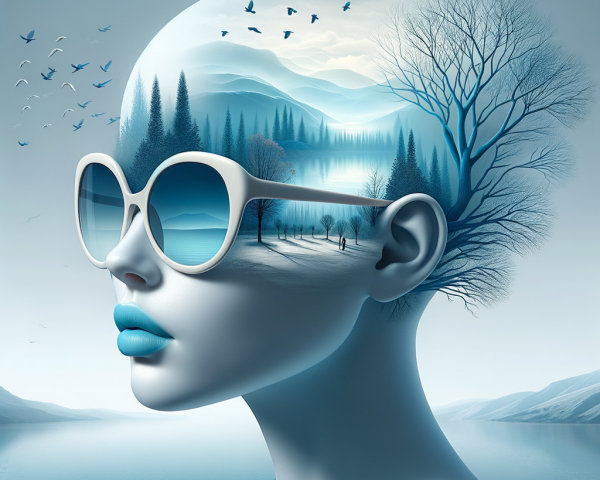 Surreal Portrait of Woman with Landscape Inside Head