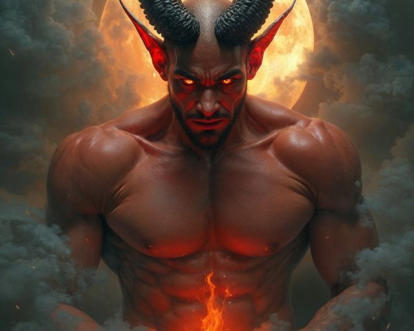 Muscular Red Figure with Horns in Fiery Atmosphere