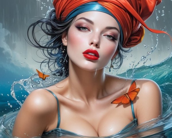 Woman in Ocean Waves with Orange Headwrap and Butterflies
