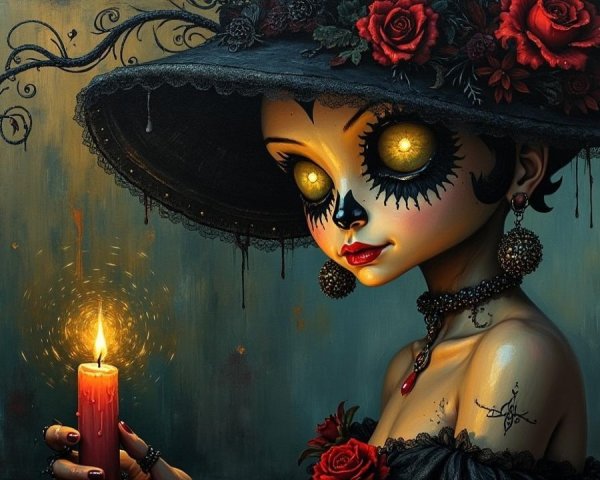 Ghostly Figure with Sugar Skull Makeup and Candle