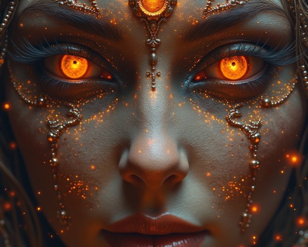 Close-up of a woman's face with golden embellishments