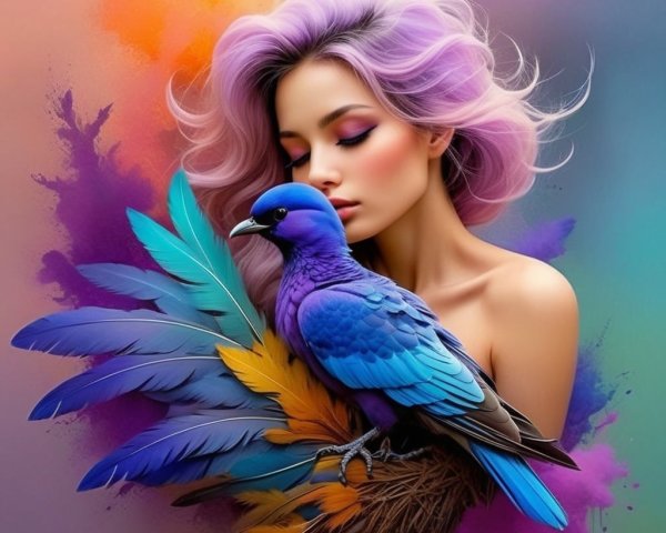 Serene woman with pastel hair and vibrant blue bird