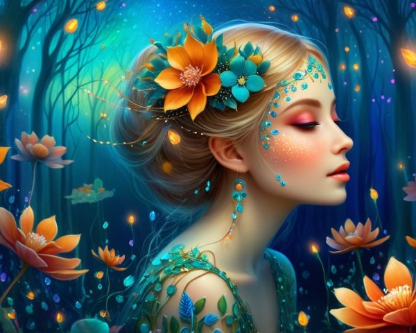 Ethereal Woman in Flowered Hair in Magical Forest
